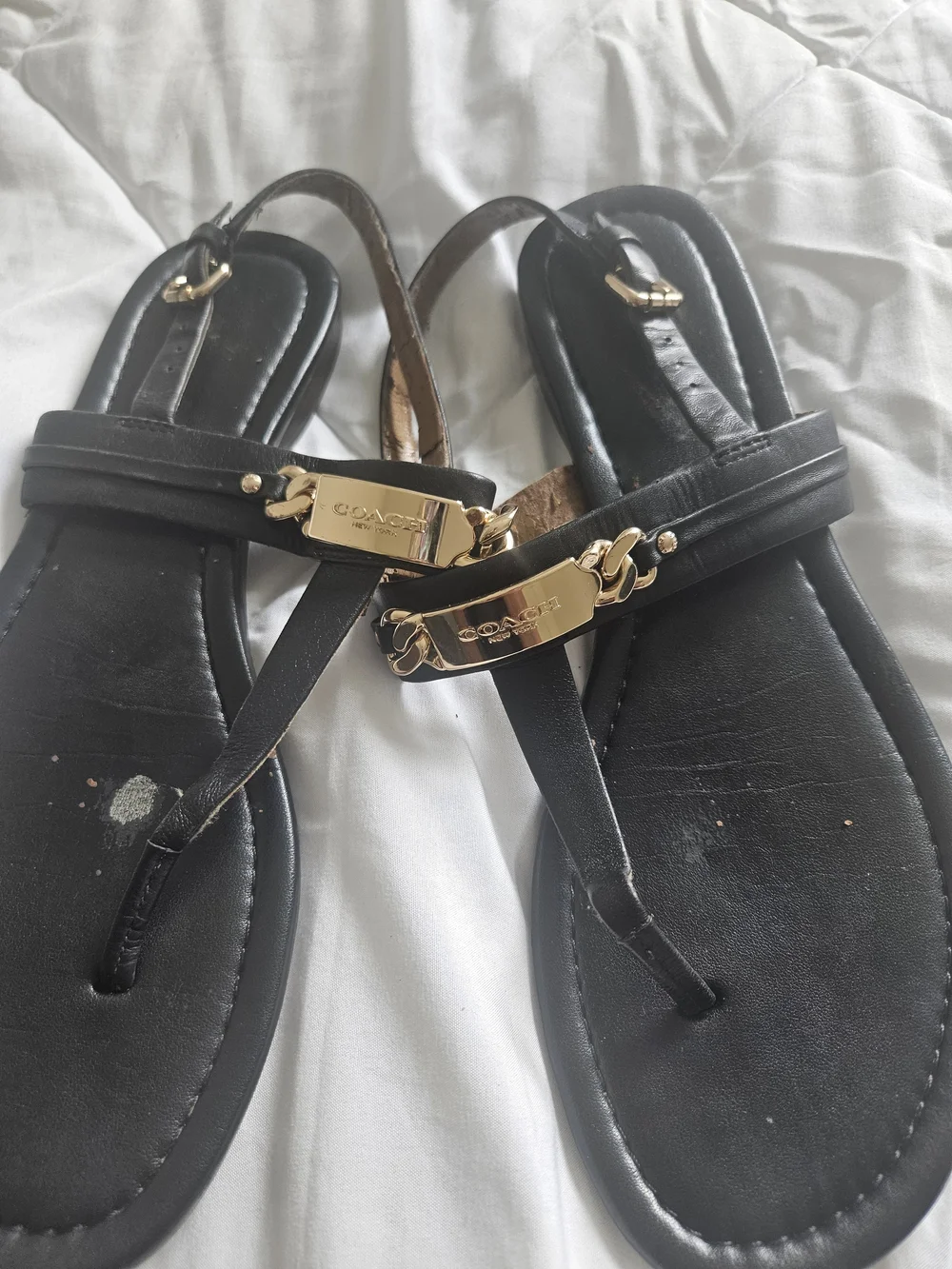 Coach Black Leather T-Strap Sandals with Gold Hardware